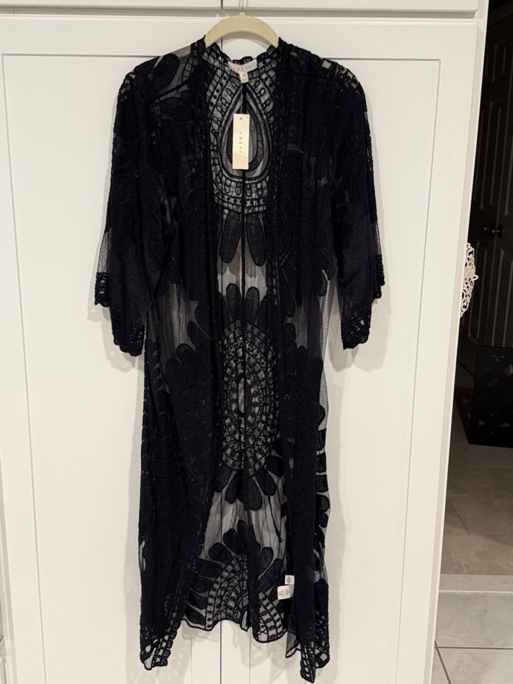 Adiva Black Sheer Embroidered Lace Kimono
